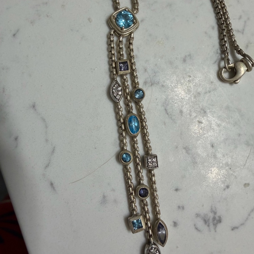 David Yurman Sterling Silver Multi-Station Lariat Necklace Blue Topaz Slider